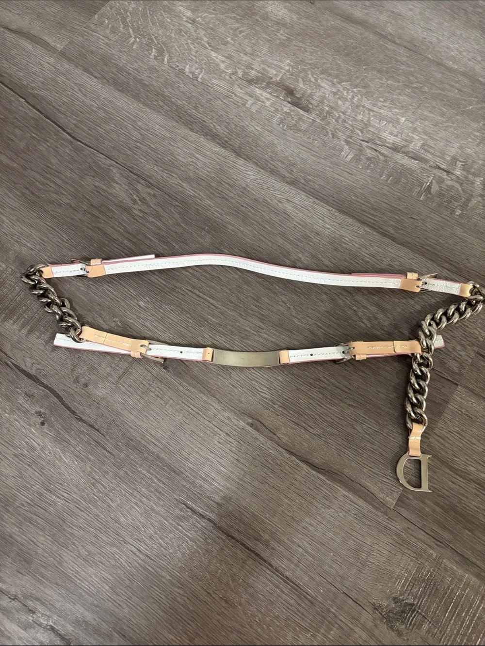 Dior Beige Leather and Silver Chain Belt
